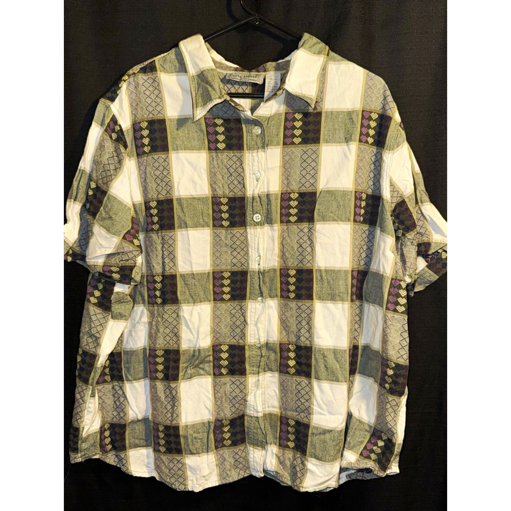 Jane Ashley Woman 26/28 Plaid Embroidered Hearts Button Up Shirt Plus Size